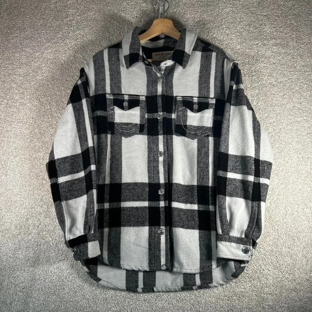 Men's True Religion black & white plaid heavyweight snap button flannel shirt S